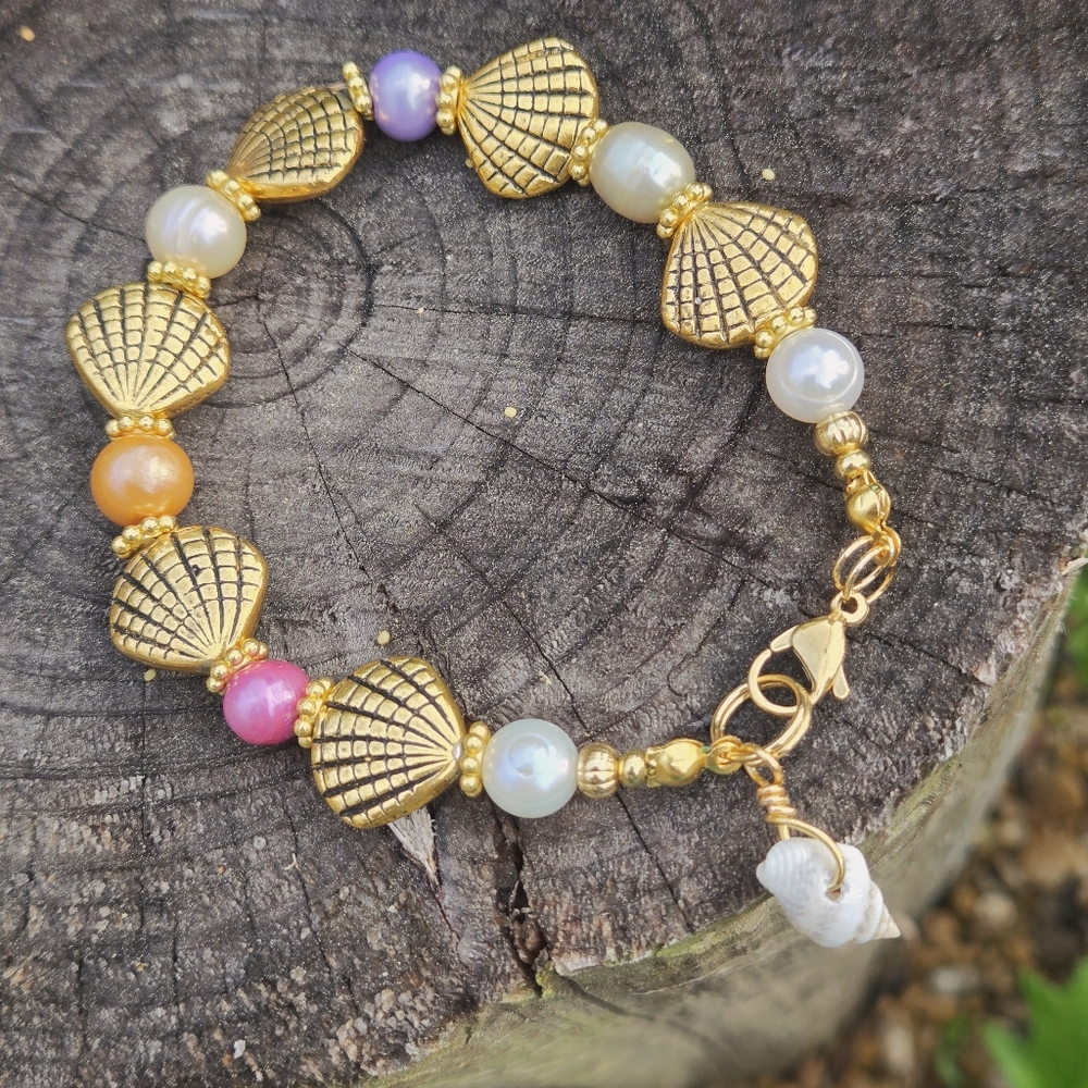 Freshwater Pearl Sea Shell Multi Color Bracelet Beachy Summer Rainbow Dopamine